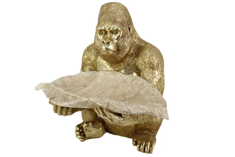 Deko-Figur GORILLA 40cm gold beige handmade mit Schale im Blatt-Design