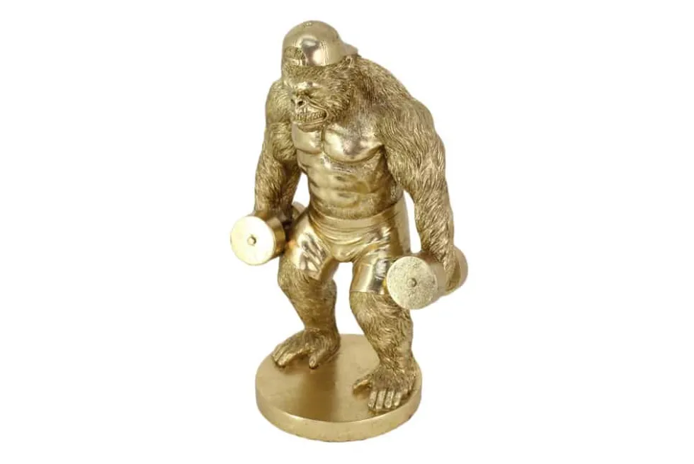 Deko-Figur KING APE 35cm gold Gorilla mit Hanteln handmade