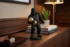 Deko-Figur KING APE 30cm schwarz gold Gorilla mit Hantel handmade