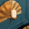 Dekorativer Kerzenhalter GINKGO 44cm gold handmade Metall Wandteelicht