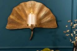 Dekorativer Kerzenhalter GINKGO 44cm gold handmade Metall Wandteelicht