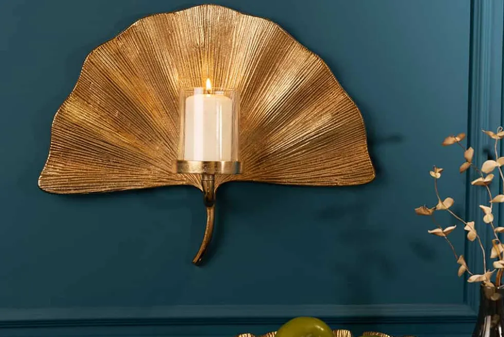 Dekorativer Kerzenhalter GINKGO 44cm gold handmade Metall Wandteelicht