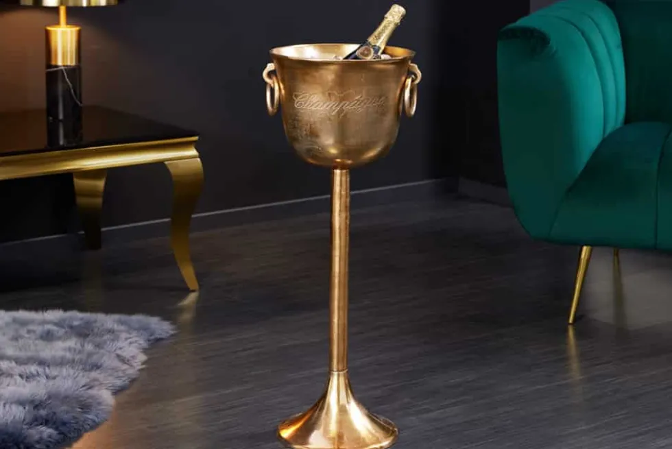 Dekorativer Sektkühler CHAMPAGNE 80cm antik gold handmade Metall Flaschenkühler