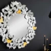 Dekorativer Wandspiegel GINKGO LEAFS XL 90cm gold silber rund aus Metall handmade