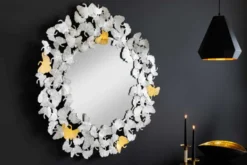 Dekorativer Wandspiegel GINKGO LEAFS XL 90cm gold silber rund aus Metall handmade