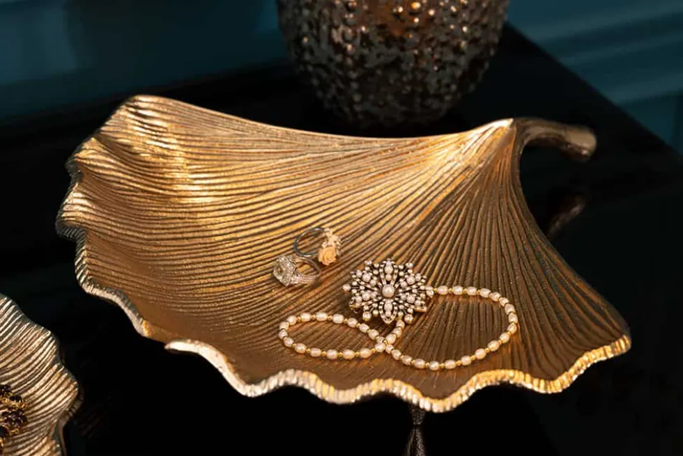 Dekorative Schale GINKGO 35cm gold handmade Metall