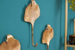 Dekoratives Kleiderhaken 3er Set GINKGO 30cm gold handmade Metall