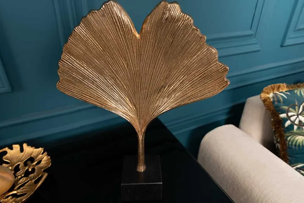 Dekorative Skulptur GINKGO LEAF 44cm gold handmade Metall mit Marmorsockel