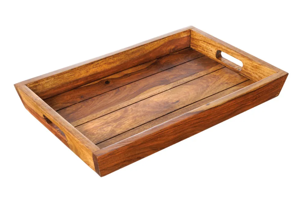 Dekoratives Tablett MAKASSAR 45cm braun Sheesham Massivholz stone finish Servierbrett