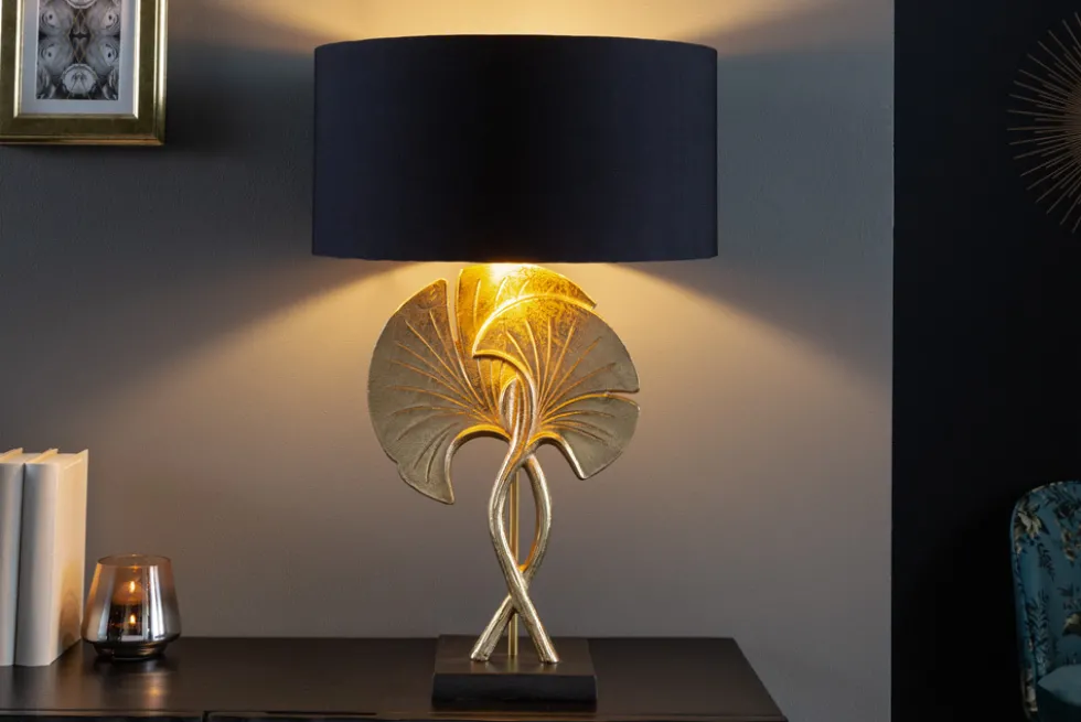 Dekorative Tischlampe GINKGO 62cm schwarz gold Metall Skulptur Leuchte mit Marmorfuß