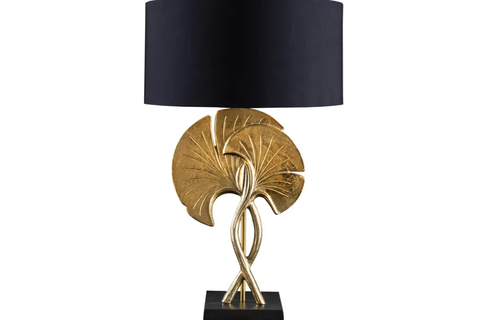 Dekorative Tischlampe GINKGO 62cm schwarz gold Metall Skulptur Leuchte mit Marmorfuß