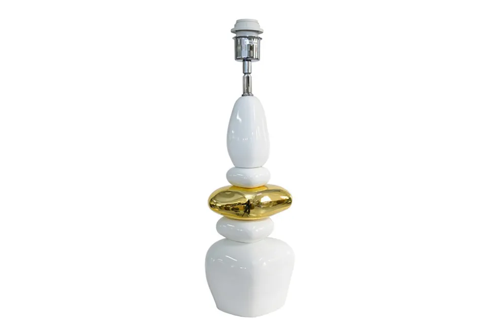 Dekorative Tischlampe STONES OF ZEN 70cm weiß gold mit Stoffschirm rund