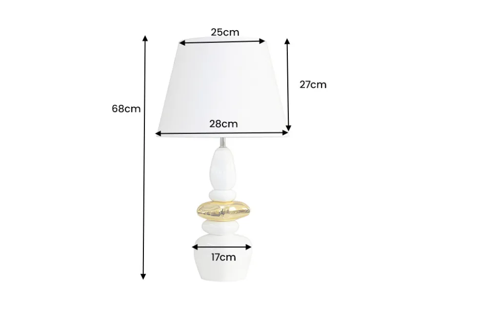Dekorative Tischlampe STONES OF ZEN 70cm weiß gold mit Stoffschirm rund