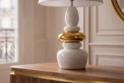 Dekorative Tischlampe STONES OF ZEN 70cm weiß gold mit Stoffschirm rund