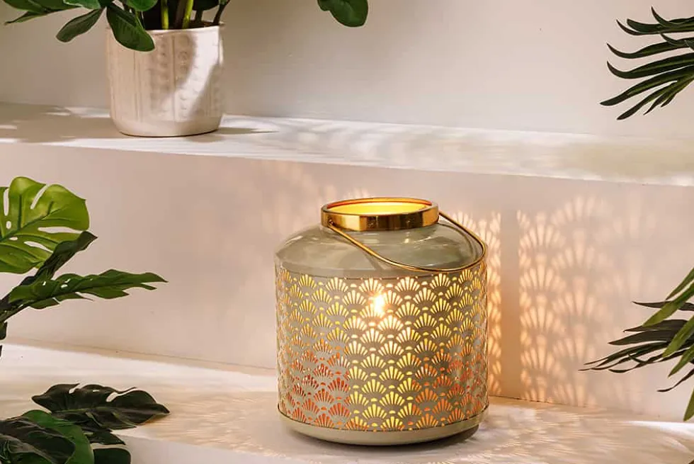 Deko Windlicht CANDLELIGHT 20cm beige-grün Metall handmade Laterne