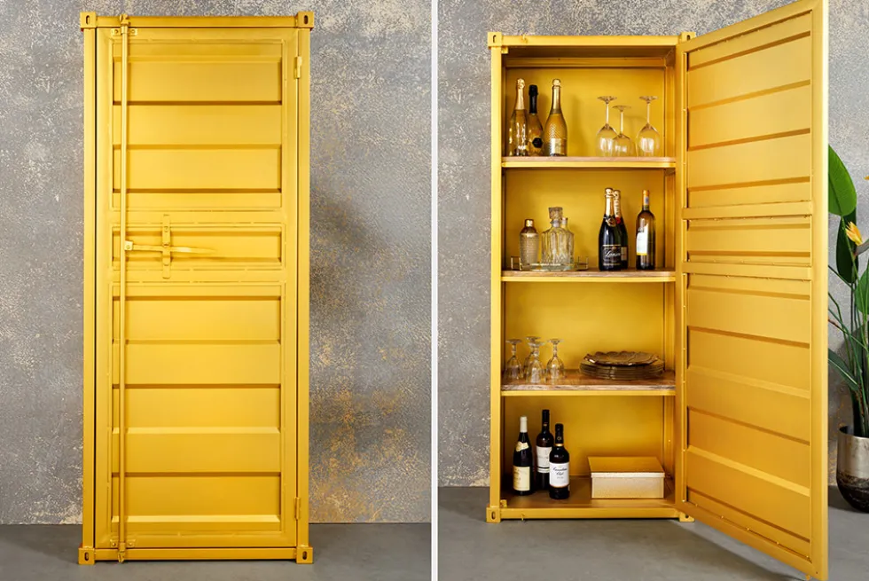 Design Aktenschrank GLOBETROTTER 180cm gold Eisen Container Upcycling Highboard