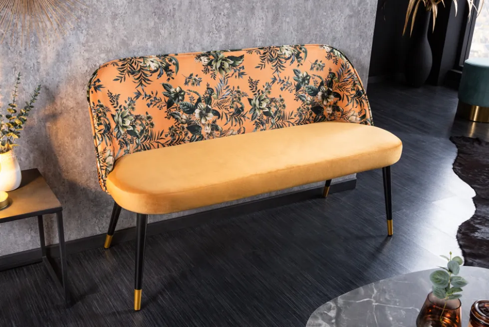 Design Bank PRÊT-À-PORTER gelb Samt florales Muster und goldene Fußkappen