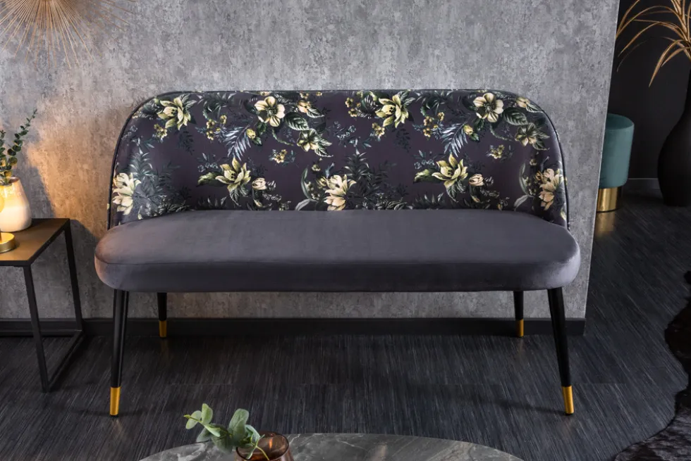 Design Bank PRÊT-À-PORTER grau Samt florales Muster und goldene Fußkappen