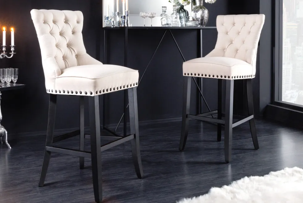 Design Barhocker CASTLE beige schwarz Strukturstoff mit Lehne Holz Chesterfield