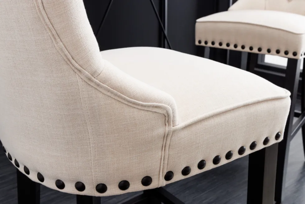 Design Barhocker CASTLE beige schwarz Strukturstoff mit Lehne Holz Chesterfield