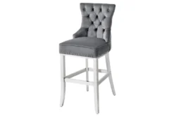 Design Barhocker CASTLE DELUXE grau Samt silber Edelstahl mit Lehne Chesterfield