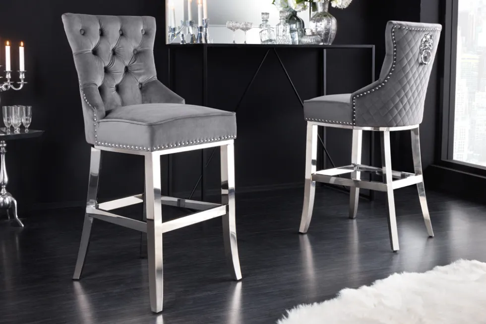 Design Barhocker CASTLE DELUXE grau Samt silber Edelstahl mit Lehne Chesterfield