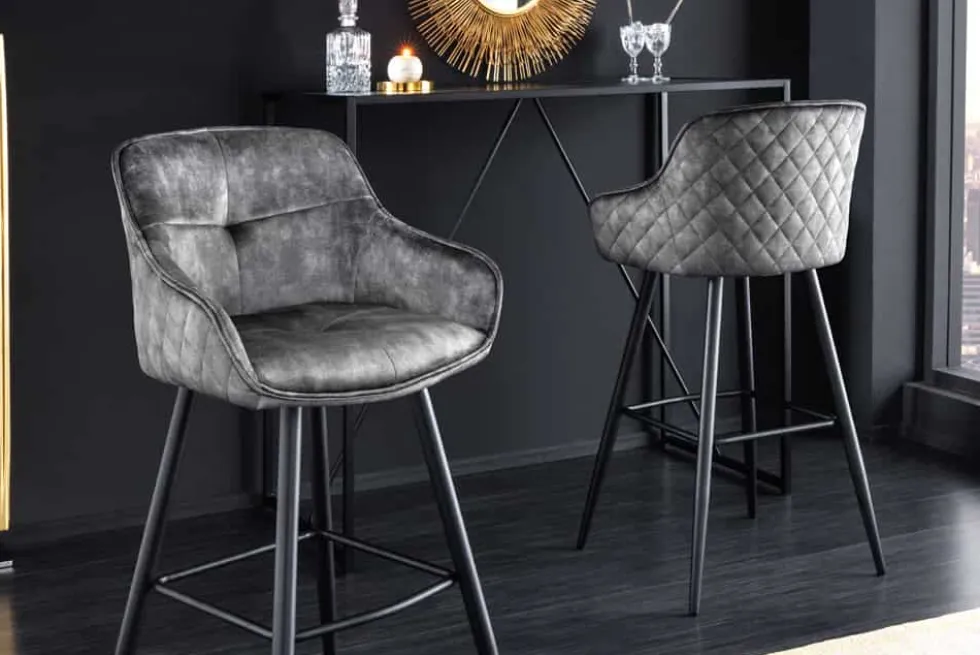 Design Barhocker EUPHORIA grau Samt schwarze Metallbeine Barstuhl mit Lehne