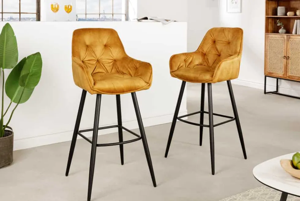 Design Barhocker MILANO senfgelb Samt Barstuhl mit Lehne Metall schwarz