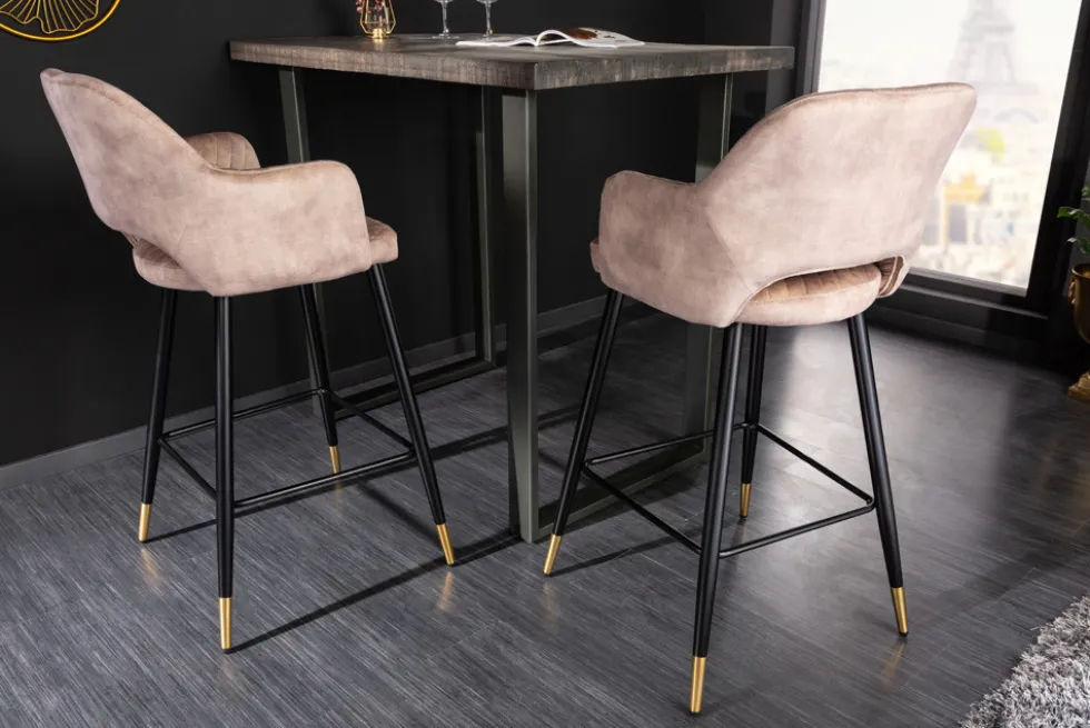 Design Barhocker PARIS greige Samt mit Lehne Metall schwarz gold Ziersteppung