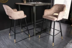 Design Barhocker PARIS greige Samt mit Lehne Metall schwarz gold Ziersteppung