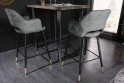 Design Barhocker PARIS grün Samt mit Lehne Metall schwarz gold Ziersteppung