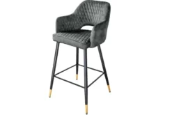 Design Barhocker PARIS grün Samt mit Lehne Metall schwarz gold Ziersteppung