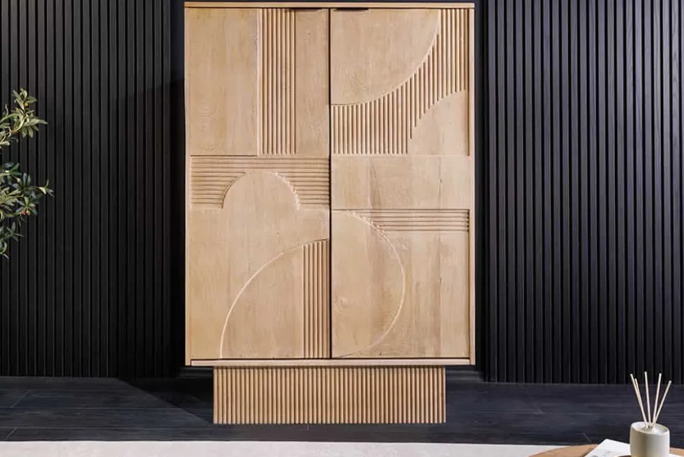 Design Barschrank ART DECO 140cm weiß gekälkt Mangoholz 3D-Front