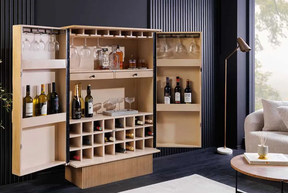 Design Barschrank ART DECO 140cm weiß gekälkt Mangoholz 3D-Front