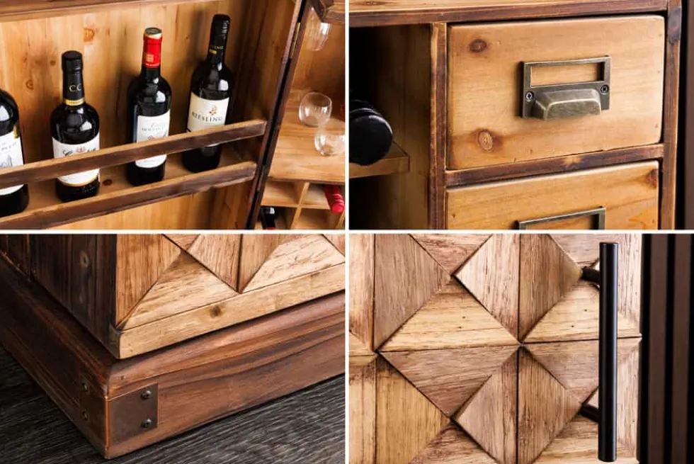 Design Barschrank BODEGA 90cm natur Pinienholz Weinregal Glashalter Schubladen