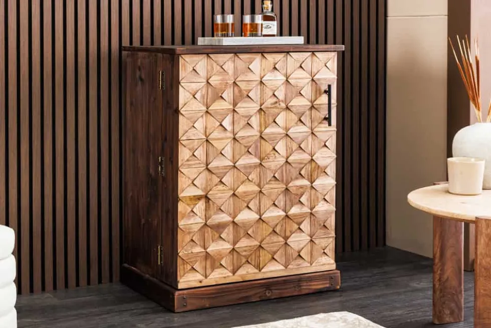 Design Barschrank BODEGA 90cm natur Pinienholz Weinregal Glashalter Schubladen