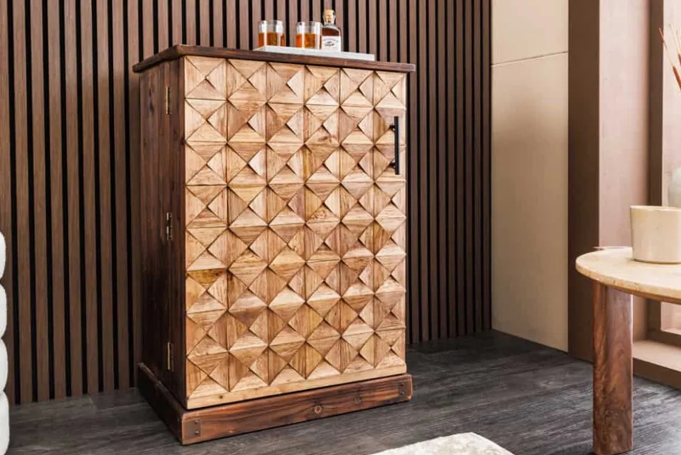 Design Barschrank BODEGA 90cm natur Pinienholz Weinregal Glashalter Schubladen