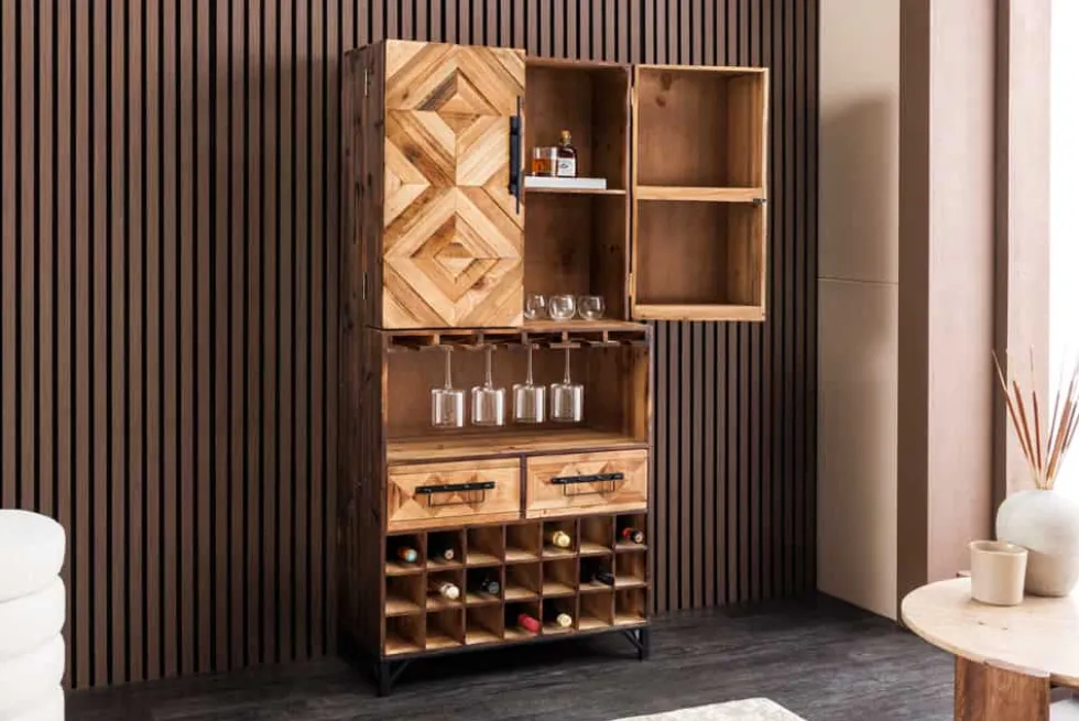 Design Barschrank BODEGA 160cm natur Pinienholz Weinregal Glashalter Schubladen