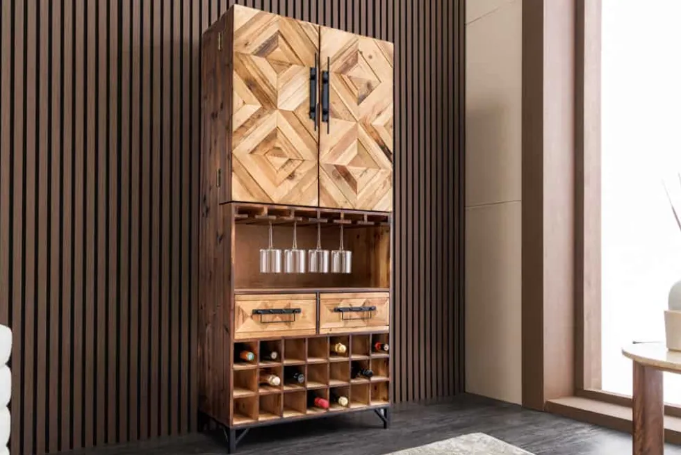 Design Barschrank BODEGA 160cm natur Pinienholz Weinregal Glashalter Schubladen