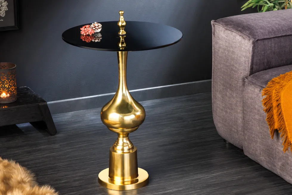 Design Beistelltisch ABSTRACT 45cm gold Metall schwarze Glasplatte handmade rund