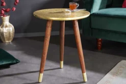 Design Beistelltisch ALCAZAR 50cm antik gold Metall Mangoholz Handarbeit rund