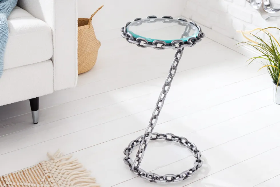 Design Beistelltisch CHAINS 35cm silber handmade Metall rund Glasplatte Kettengestell