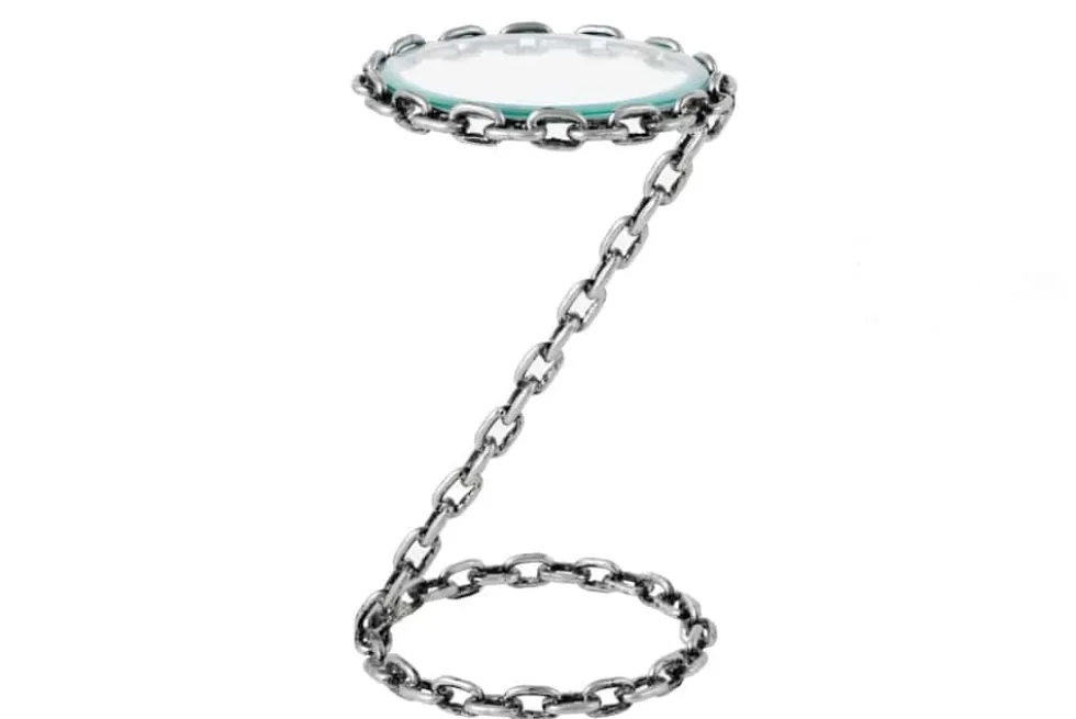 Design Beistelltisch CHAINS 35cm silber handmade Metall rund Glasplatte Kettengestell
