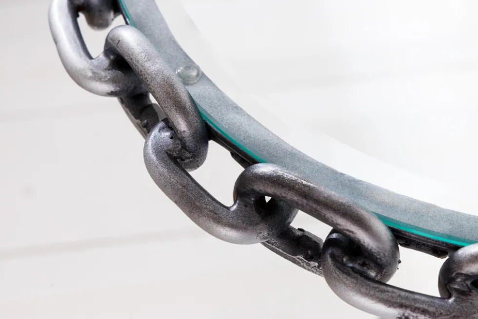 Design Beistelltisch CHAINS 35cm silber handmade Metall rund Glasplatte Kettengestell