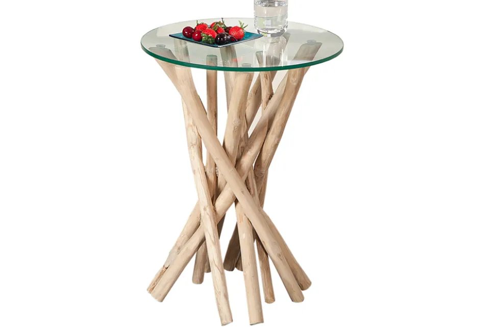 Design Beistelltisch DRIFTWOOD 40cm Teakholz mit Glasplatte rund Couchtisch