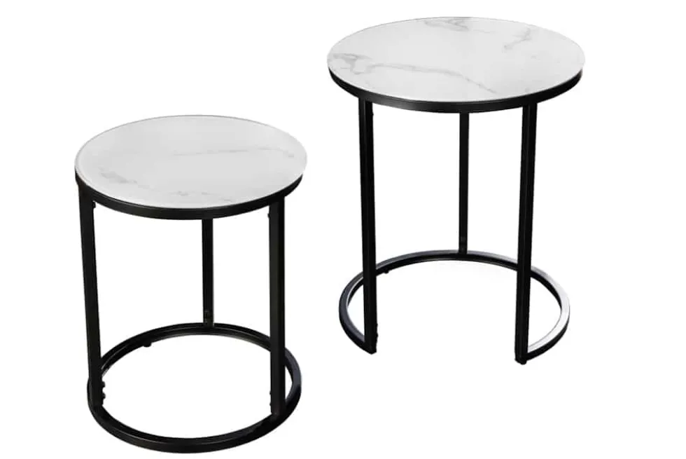 Design Beistelltisch ELEGANCE 2er Set weiß rund Kristallglas mit Marmor-Dekor schwarzes Gestell