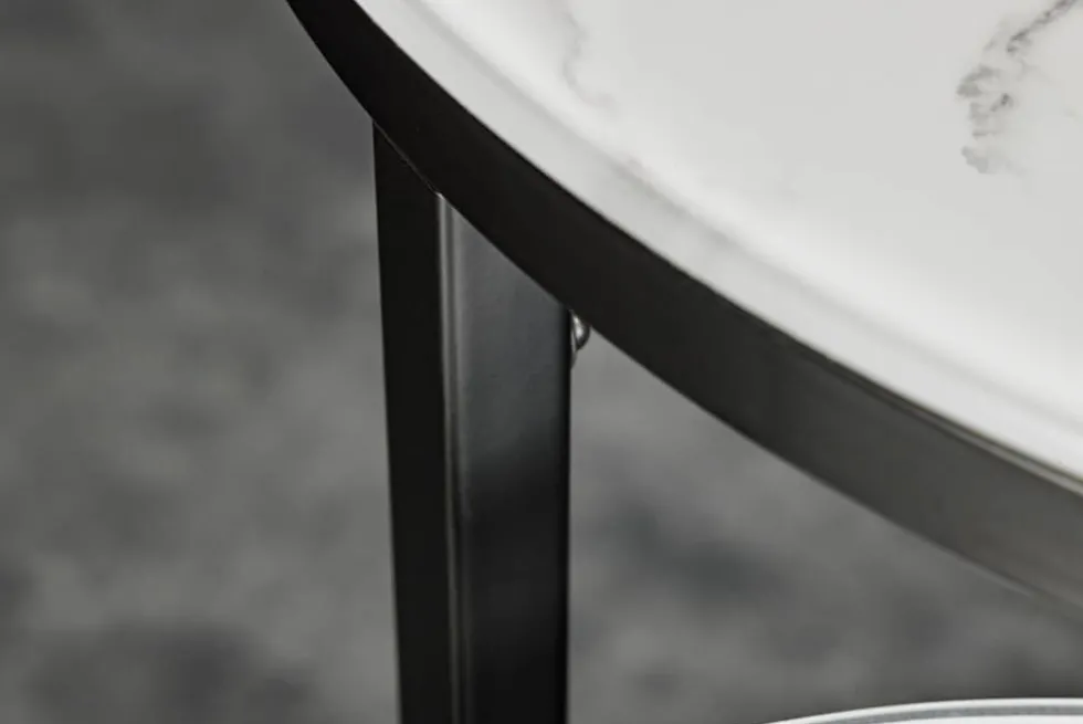 Design Beistelltisch ELEGANCE 2er Set weiß rund Kristallglas mit Marmor-Dekor schwarzes Gestell