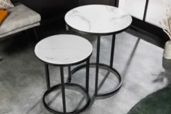 Design Beistelltisch ELEGANCE 2er Set weiß rund Kristallglas mit Marmor-Dekor schwarzes Gestell