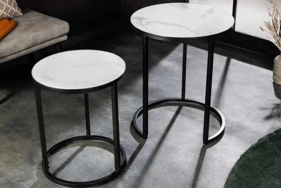 Design Beistelltisch ELEGANCE 2er Set weiß rund Kristallglas mit Marmor-Dekor schwarzes Gestell