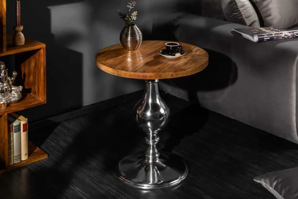 Design Beistelltisch EXTRAVAGANCIA 60cm Mangoholz massiv rund Metall Säulenfuß silber